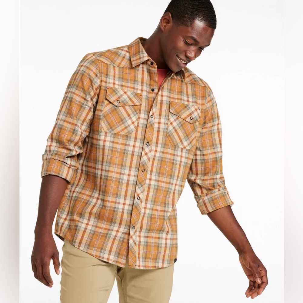 LL Bean Katahdin Performance Wool Flannel Shirt Men’s MEDIUM Gold Beige 298102